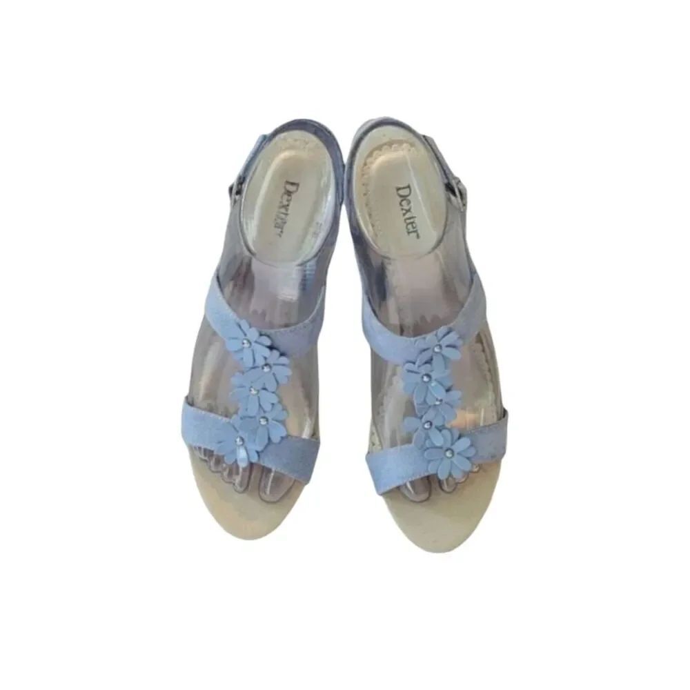 Dexter Lotus Blue Floral T-Strap Slingback Wedge Sandal Size 6.5